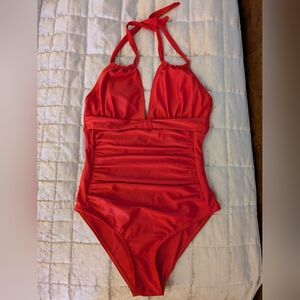 Source Unknown Red One-Piece Halter Swimsuit